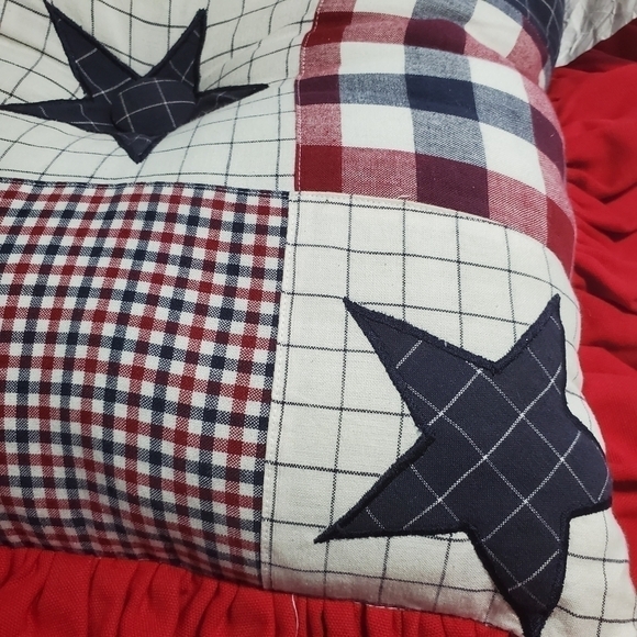Country Patchwork quilt Plaid Star Red White Blue quilted ruffle pillow - Picture 9 of 11
